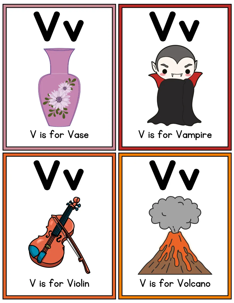 Letter V color flashcards: uppercase and lowercase Vv with pictures for V is for Vase, Vampire, Violin and Volcano