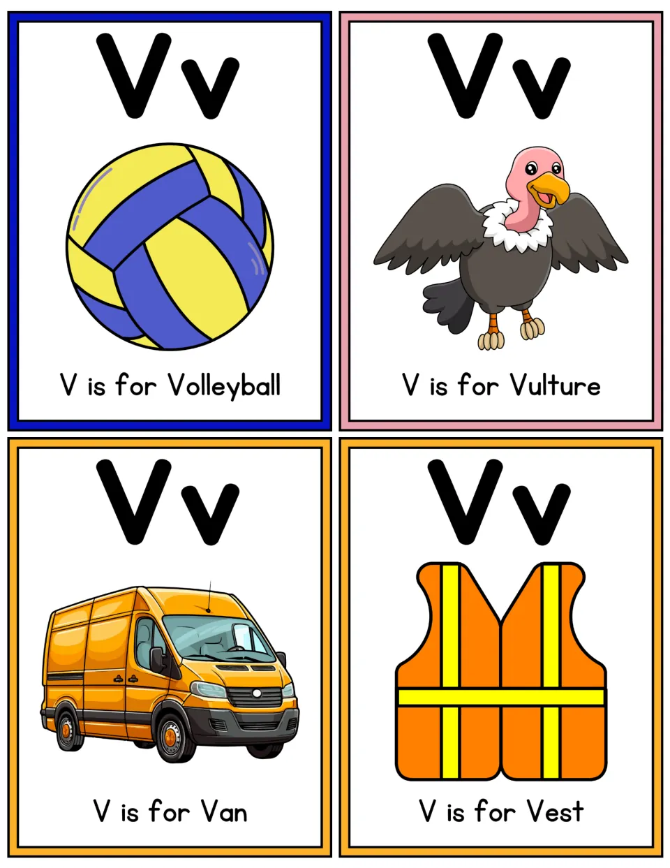 More Vv color flashcards: V is for Volleyball, Vulture, Van and Vest, each showing the letter above a picture