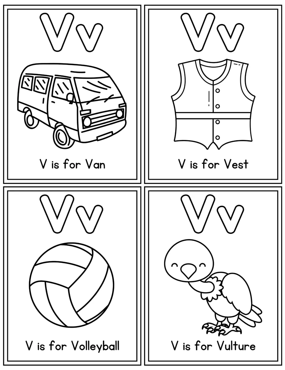 Black-and-white Vv flashcards to color: outlined letters with V is for Van, Vest, Volleyball and Vulture drawings