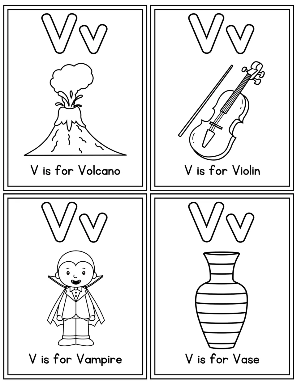 Coloring Vv flashcards with outline art for V is for Volcano, Violin, Vampire and Vase, outlined letters to fill in