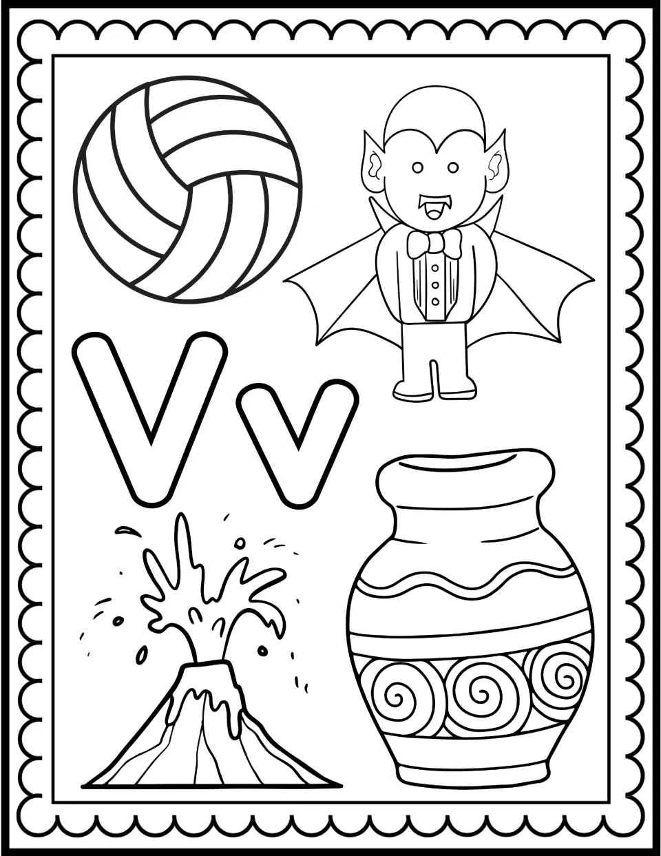 Letter V coloring page: bubble Vv surrounded by a volleyball, vampire, volcano and vase for students to color