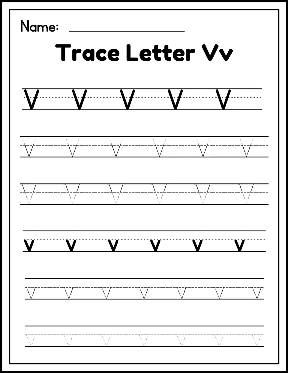 Trace Letter Vv handwriting practice: students trace rows of dotted uppercase V and lowercase v after a model row