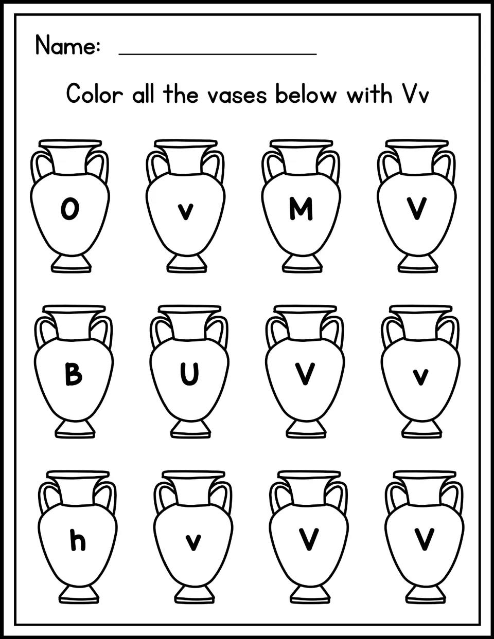 Letter recognition: students color all the vases marked with V or v and skip those showing O, M, B, U or h