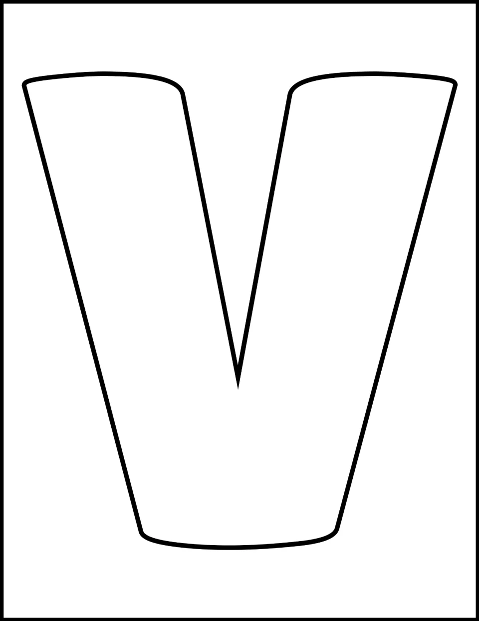 Letter V template: large outlined capital V filling the whole page, ready to color, decorate or cut out
