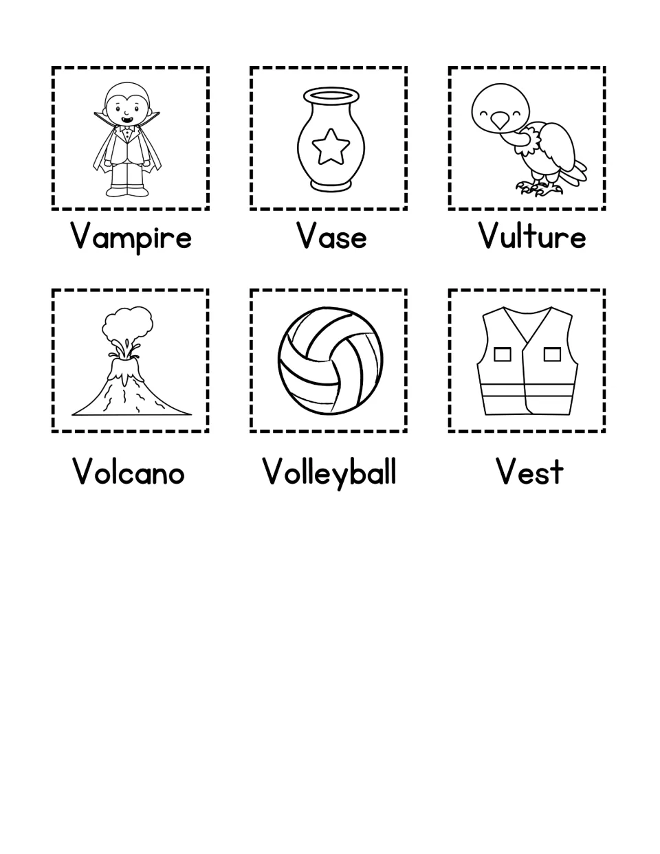 V word picture cards: six cut-out drawings labeled Vampire, Vase, Vulture, Volcano, Volleyball and Vest