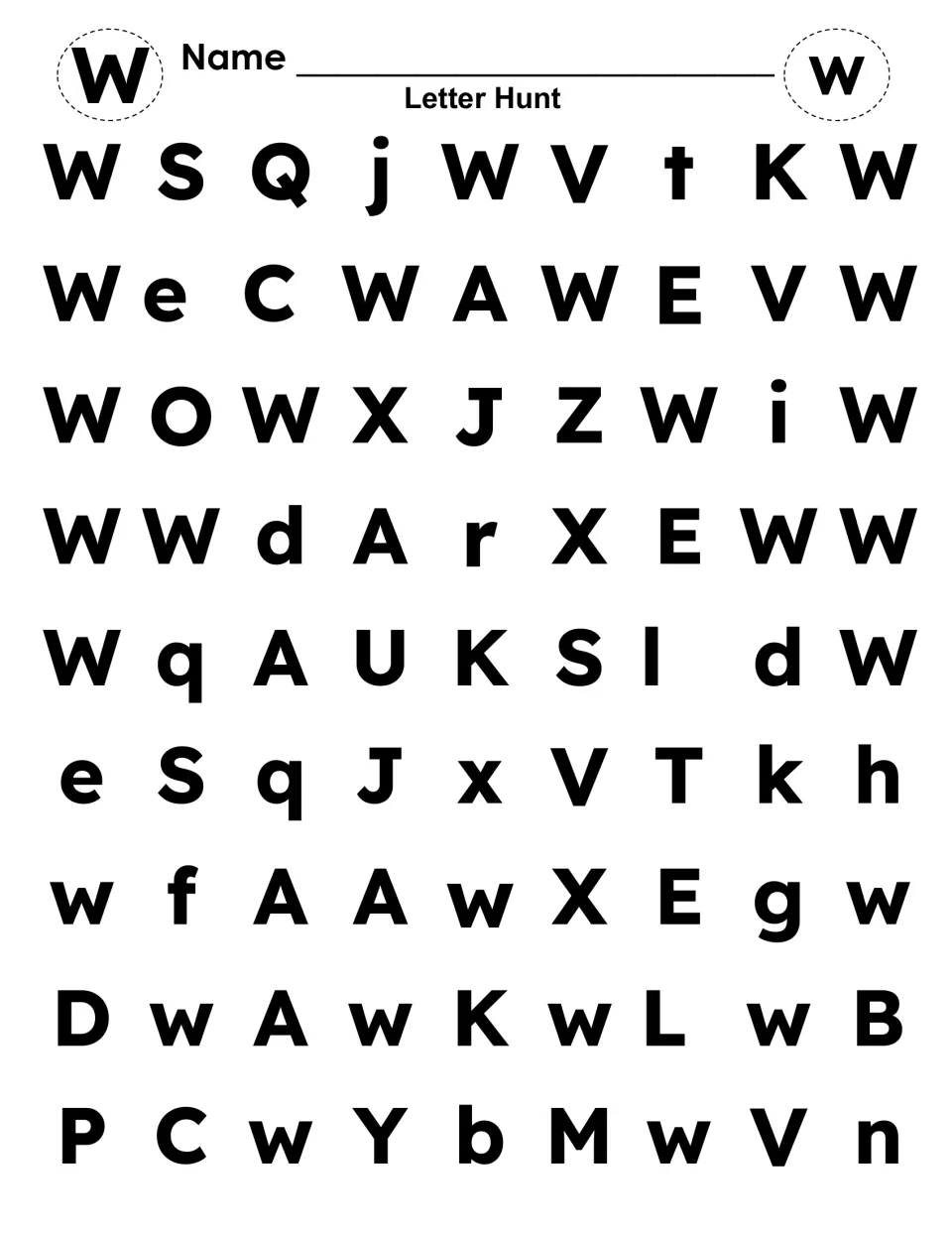 Letter hunt for W: students find and color every capital W and lowercase w among mixed letters to build letter recognition