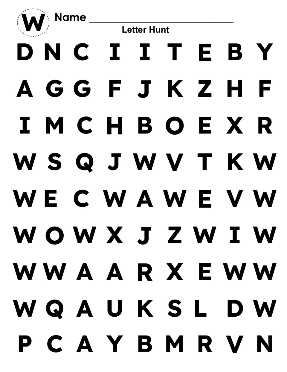 Uppercase letter hunt: students search capital letters and color each W, telling it apart from similar letters like V