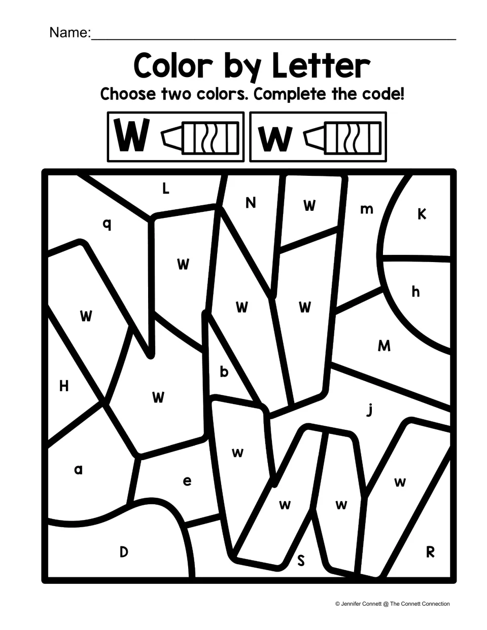 Letter W color-by-code worksheet: uppercase W and lowercase w form large letters among other letters.
