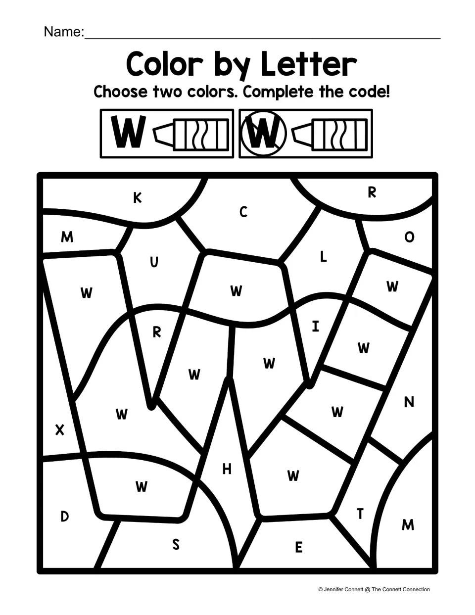 Uppercase W color-by-code worksheet: find W among capital letters and color to reveal a large letter W.