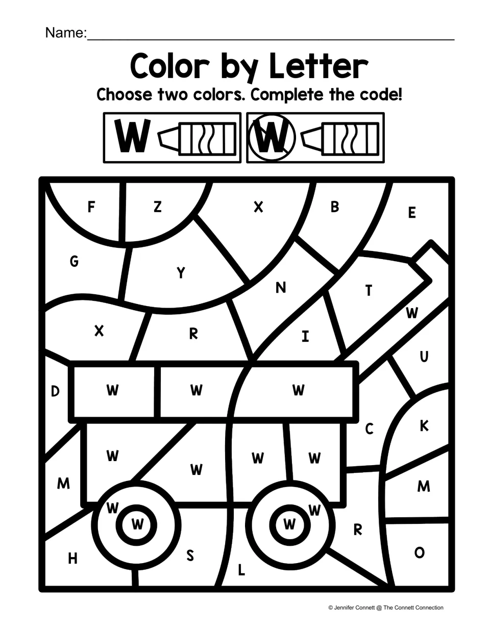 Wagon color-by-code worksheet: uppercase W marks the wagon, with other capital letters surrounding it.