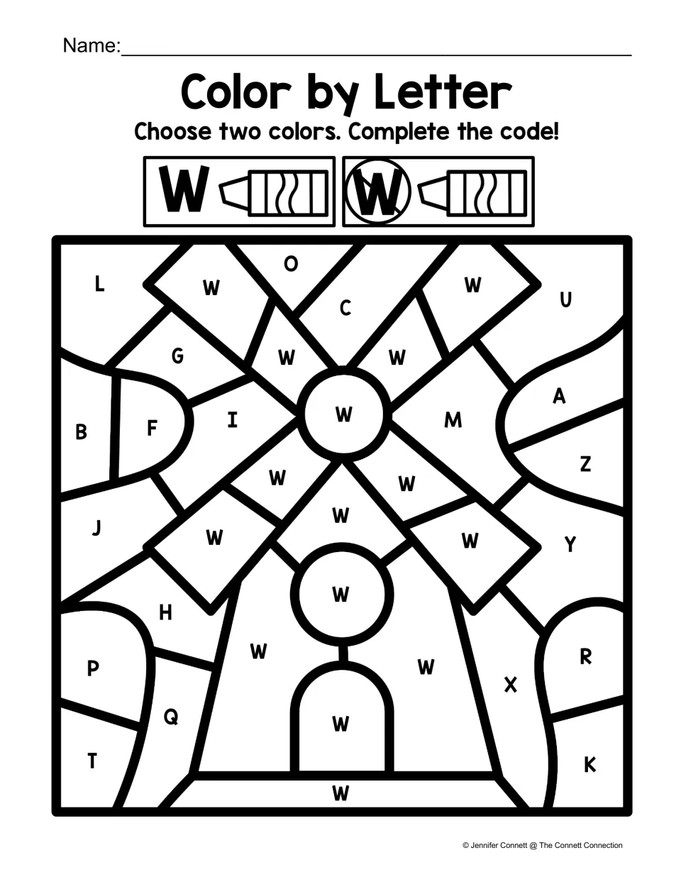 Windmill color-by-code worksheet: uppercase W marks the windmill among other letters; choose two colors.