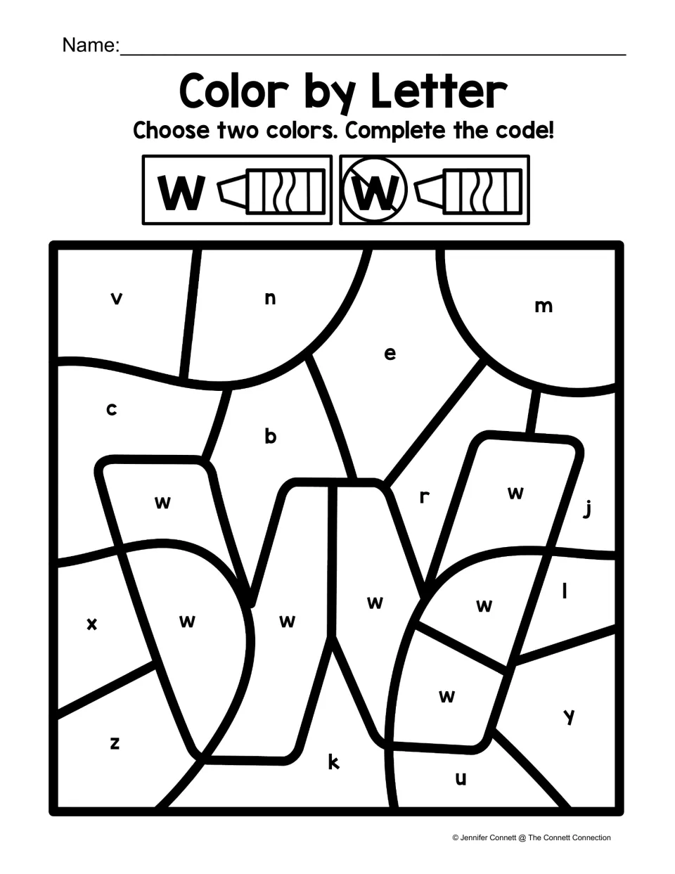 Lowercase w color-by-code worksheet: find w among lowercase letters to color a large lowercase w shape.