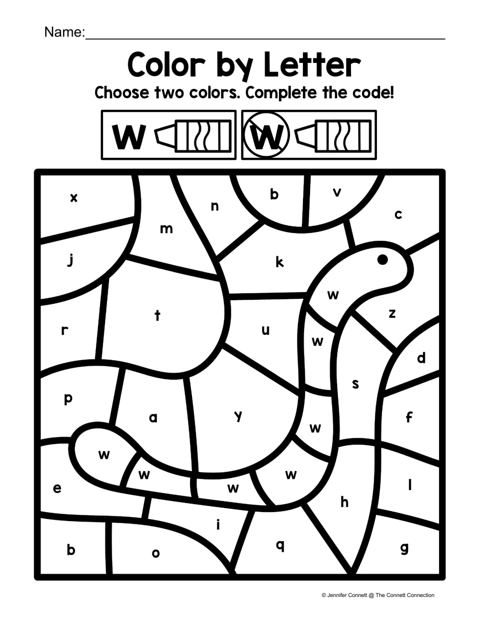 Worm color-by-code worksheet: lowercase w marks the worm, with other lowercase letters surrounding it.