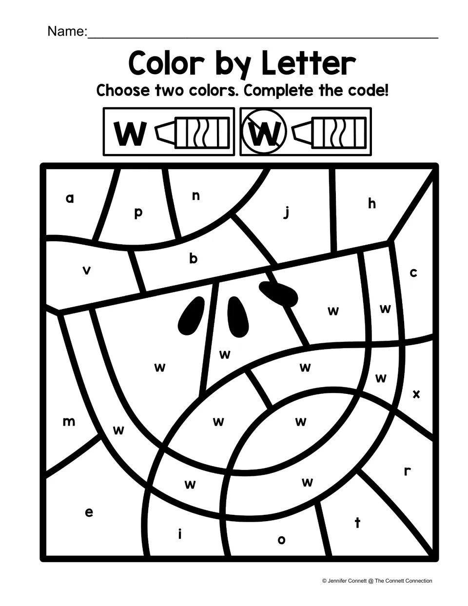 Watermelon color-by-code worksheet: lowercase w marks the watermelon slice among other lowercase letters.