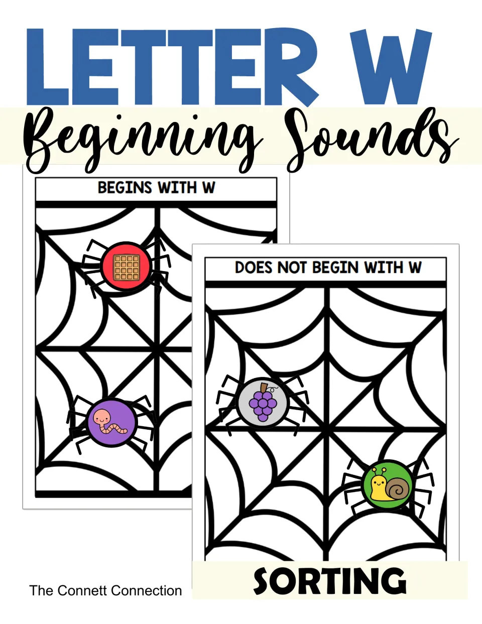 Letter W beginning sounds sorting cover: spider picture cards sorted onto Begins With W and Does Not Begin With W webs