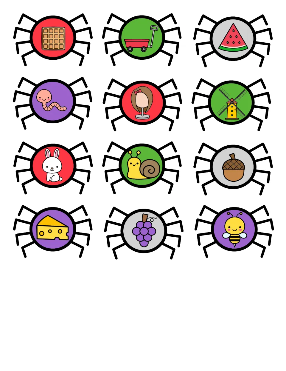 Spider picture cards to cut out: waffle, wagon, watermelon, worm, wig, windmill, bunny, snail, acorn, cheese, grapes, bee