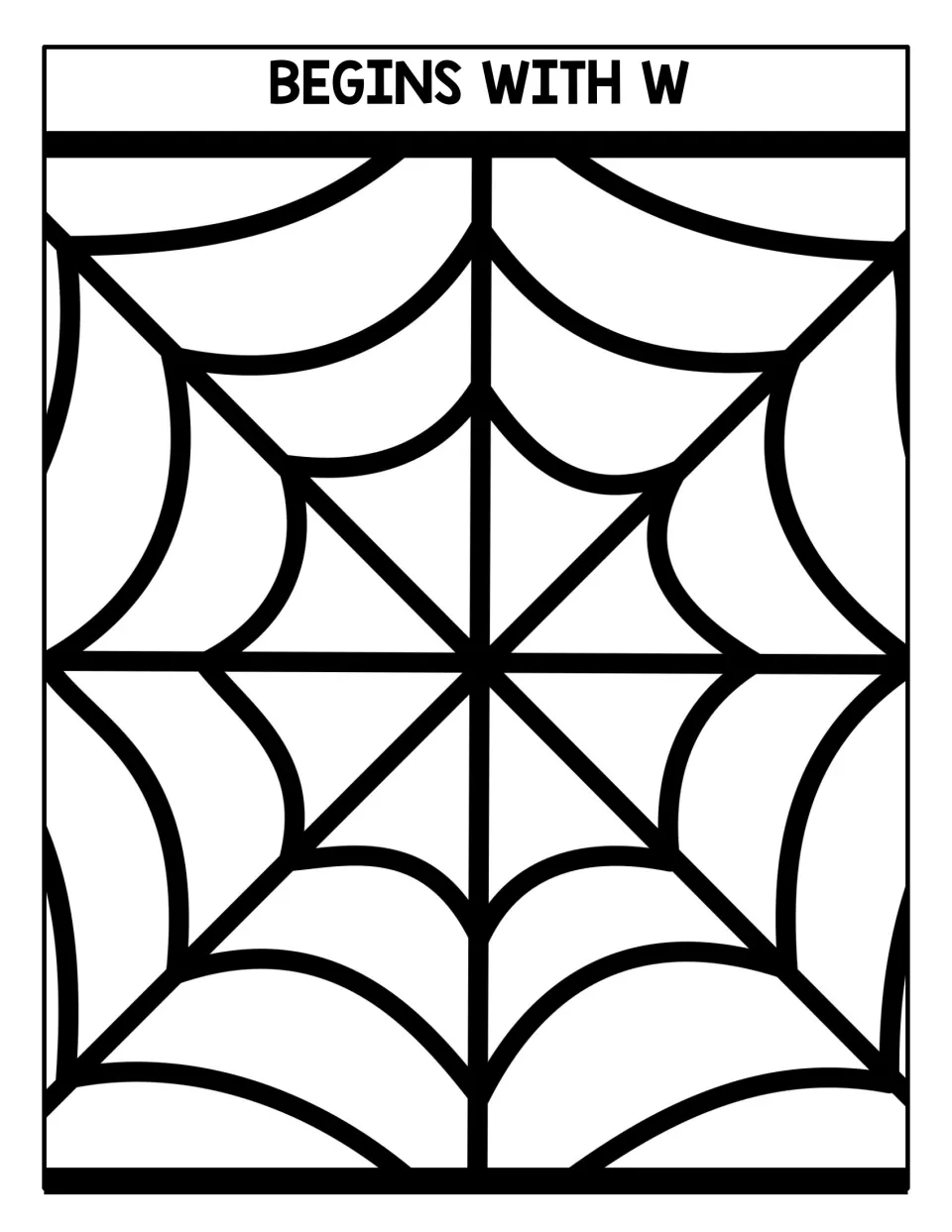 Begins With W sorting mat: a spider web where students place picture cards whose names start with the /w/ sound