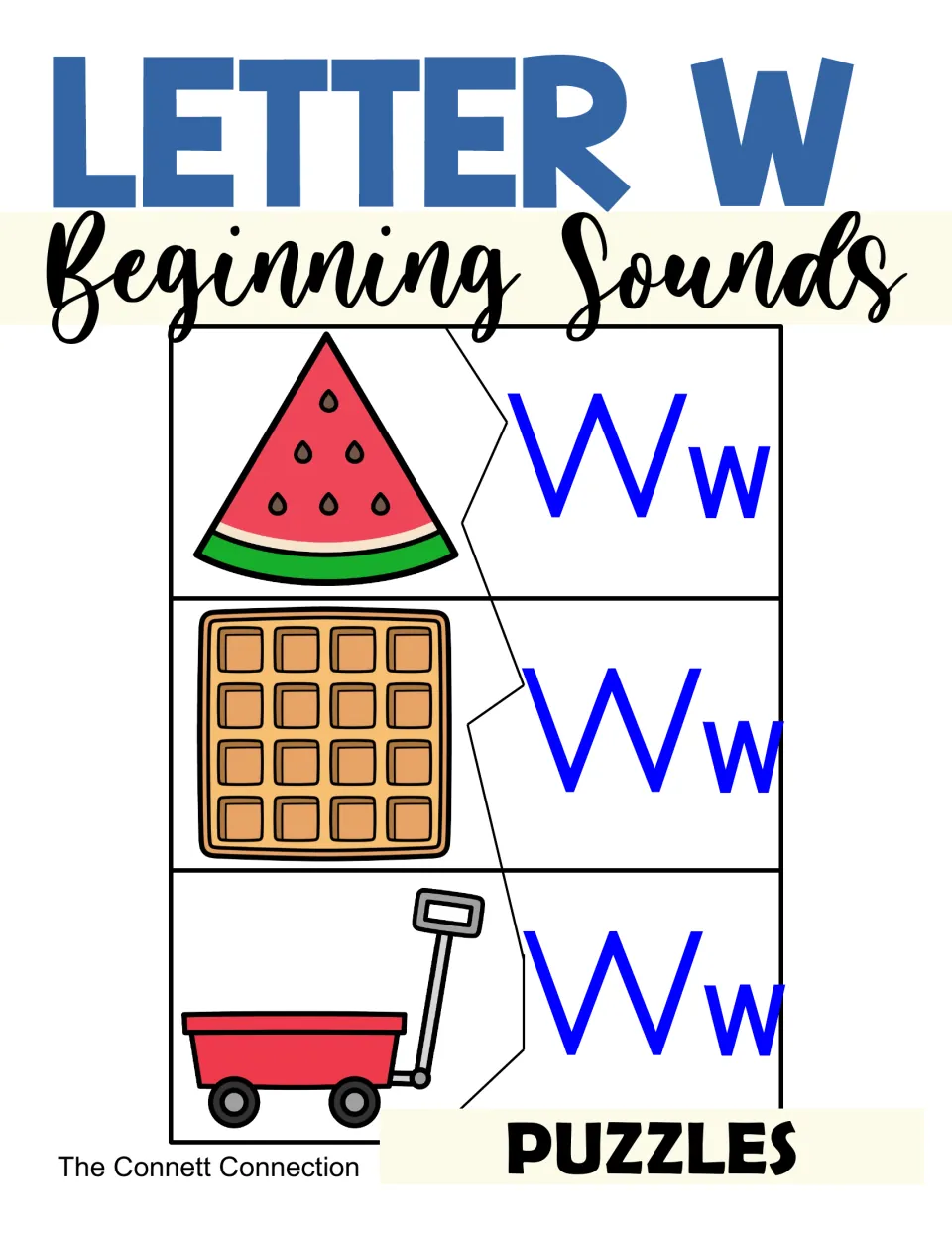 Letter W Beginning Sounds Puzzles cover: sample two-piece puzzles joining Ww to watermelon, waffle and wagon pictures