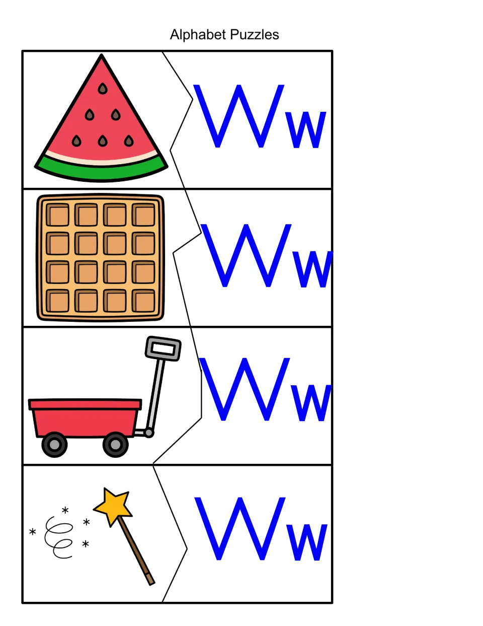 W beginning sounds: students cut apart and match picture pieces of a watermelon, waffle, wagon and wand to Ww letter halves