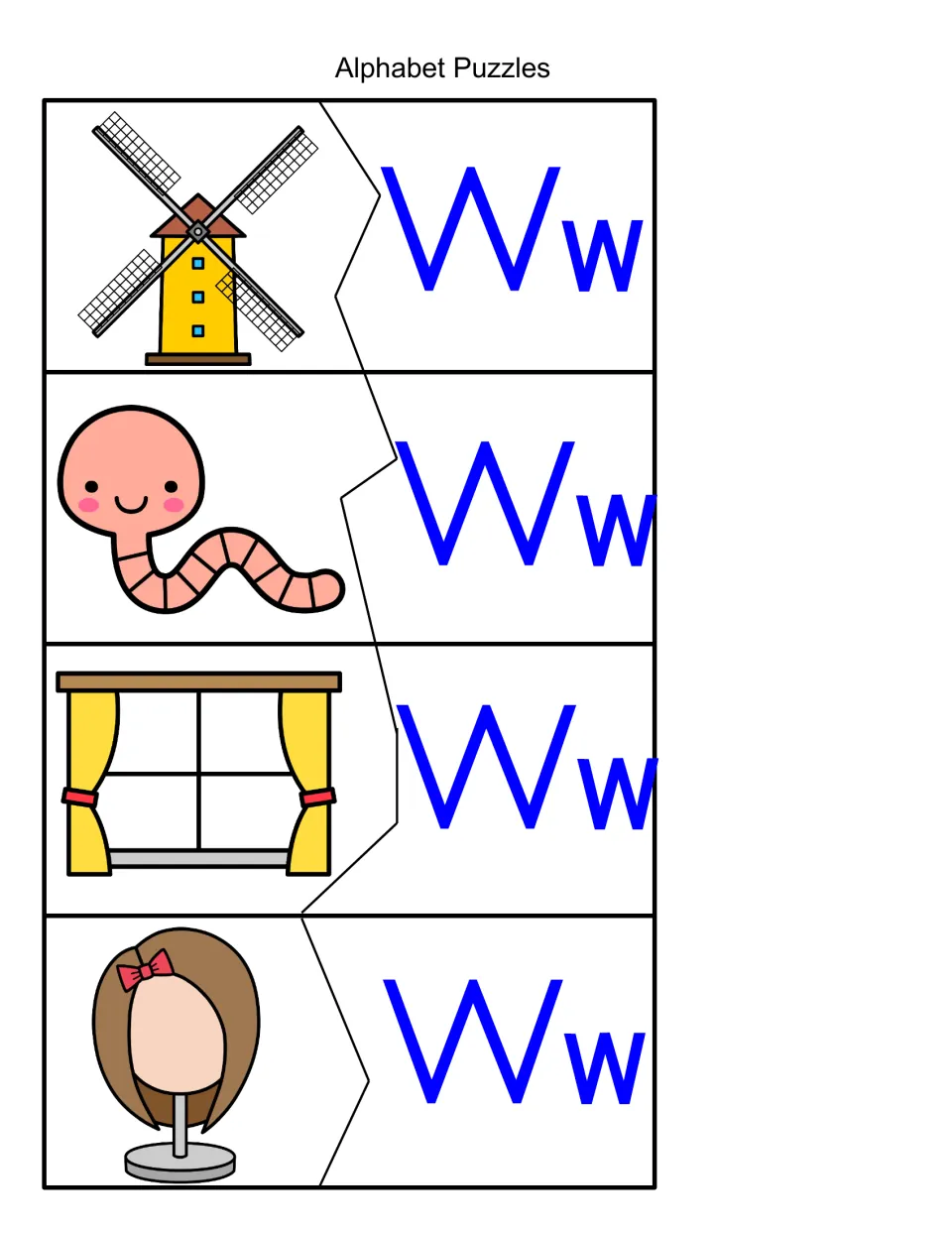 W initial sound matching: students join pictures of a windmill, worm, window and wig to uppercase and lowercase Ww