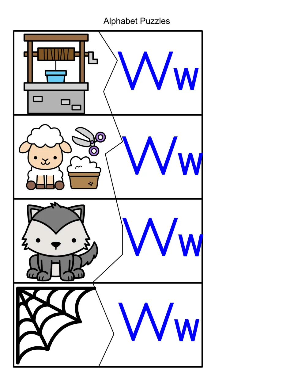 Beginning sound /w/ puzzles: students match pictures of a well, a sheep's wool, a wolf and a spider web to Ww halves