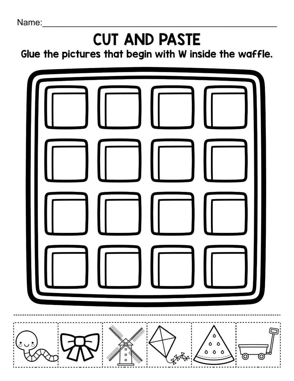 Beginning sound W: students cut out pictures like worm, windmill, watermelon and wagon and glue the W words in a waffle