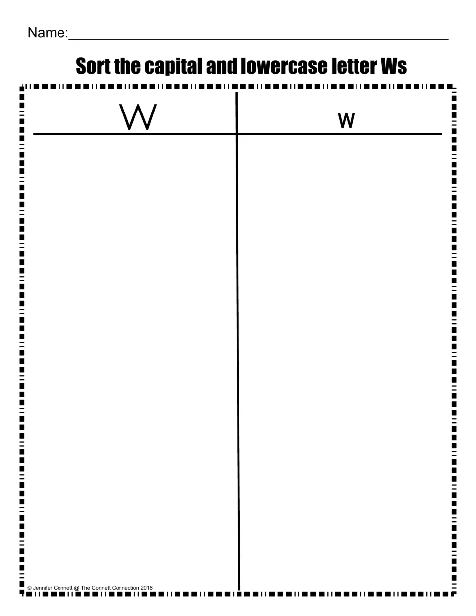 Letter W sort: students place capital W and lowercase w letters under the matching W or w heading