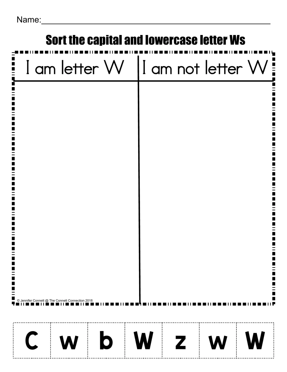 Letter W or not: students cut out C, w, b, W, z, w and W tiles and glue each under I am letter W or I am not letter W