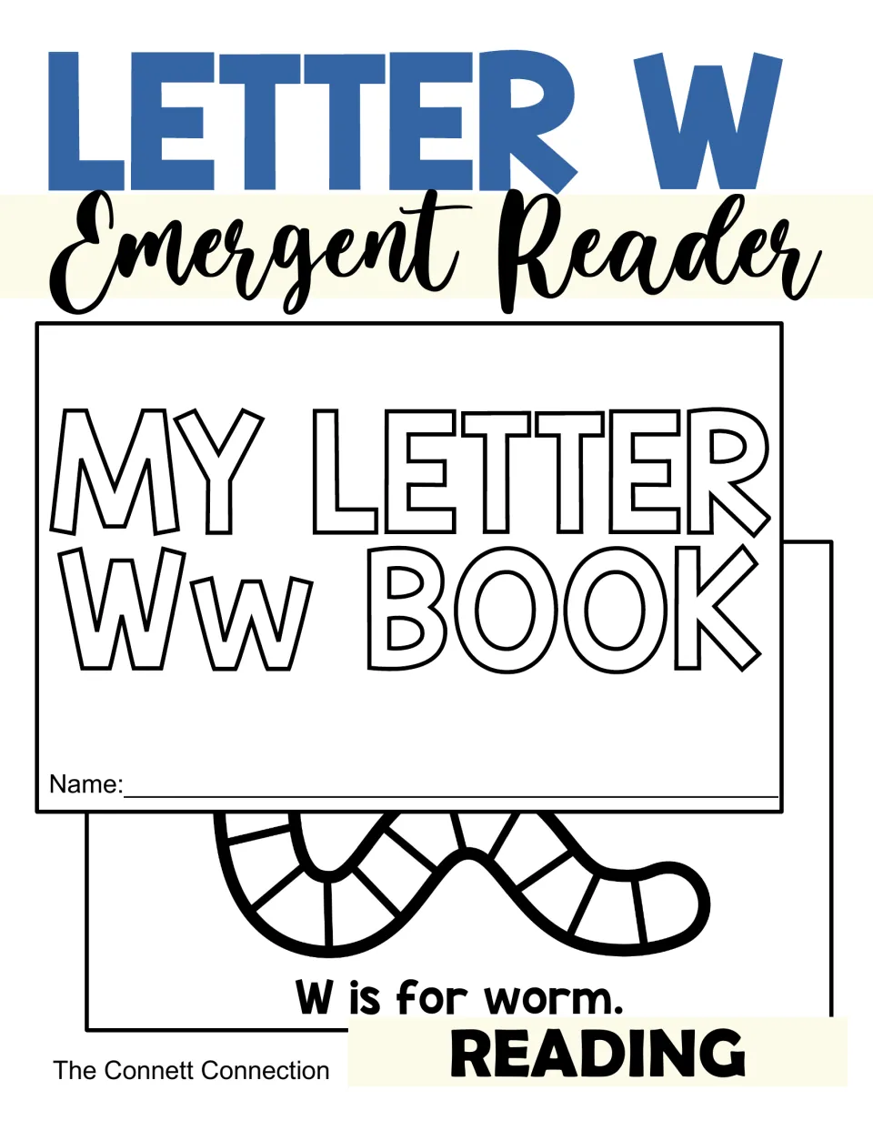 Cover of Letter W Emergent Reader showing the My Letter Ww Book title page and a worm page that reads W is for worm