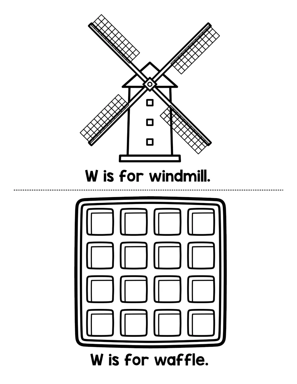 Letter W sound pages: students read W is for windmill and W is for waffle, using each picture as a word clue