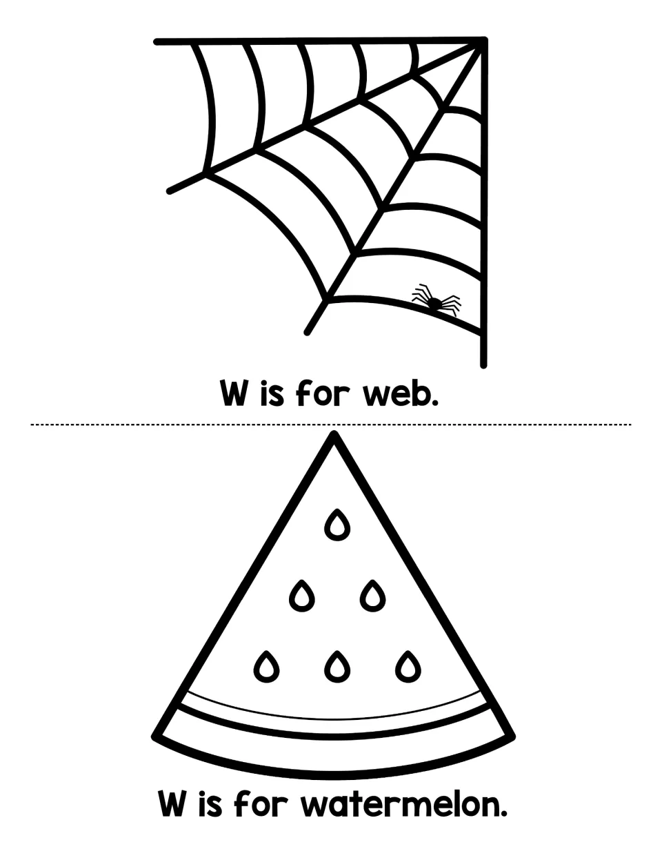 Beginning sound W practice: students read W is for web and W is for watermelon beside a spider web and a melon slice