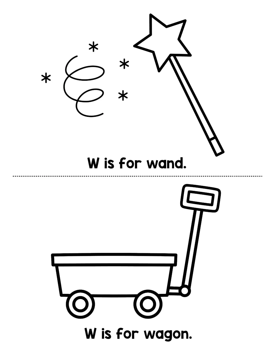 Final W word pages: students read W is for wand and W is for wagon, shown with a star wand and a pull wagon