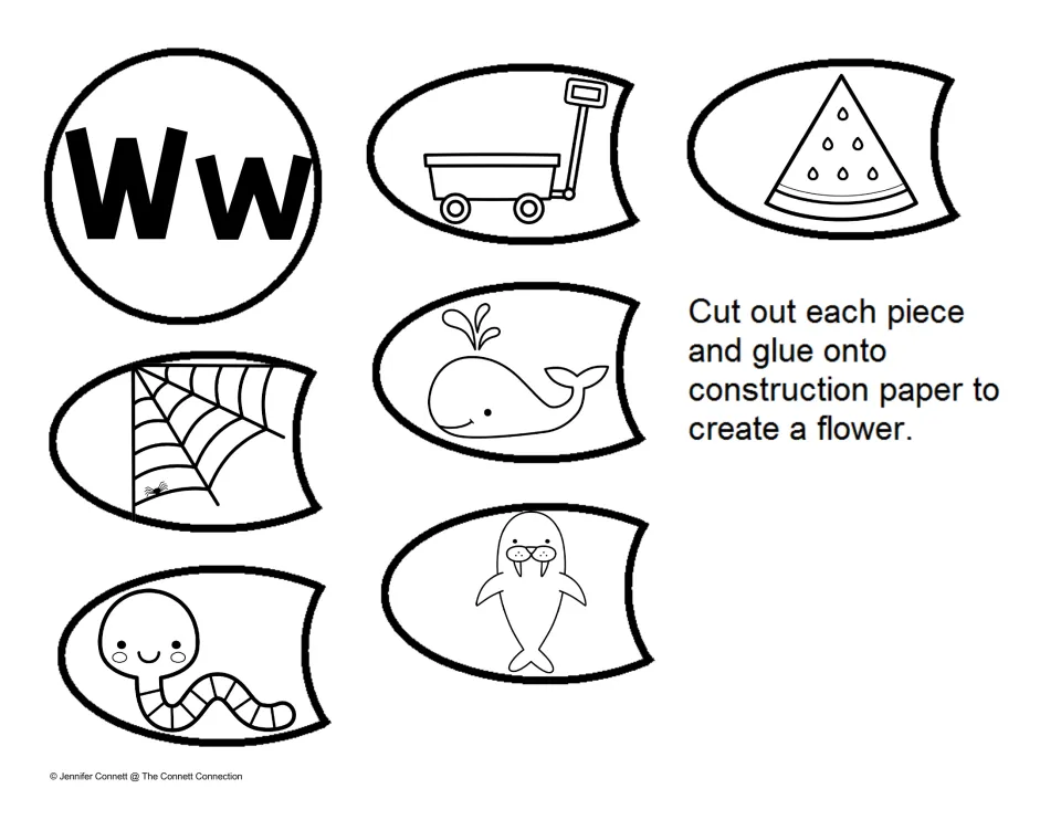 Letter W beginning sounds: students cut out a Ww center and petals of wagon, watermelon, whale, web, worm and walrus