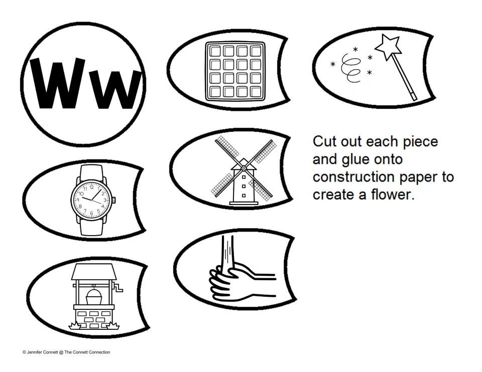Letter W sounds: cut-out flower center and petals picturing a waffle, wand, windmill, watch, wishing well and hands washing