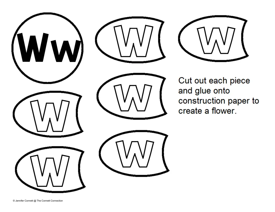 Letter W recognition: students cut out a Ww center and six petals each showing an outline capital W, then glue a flower