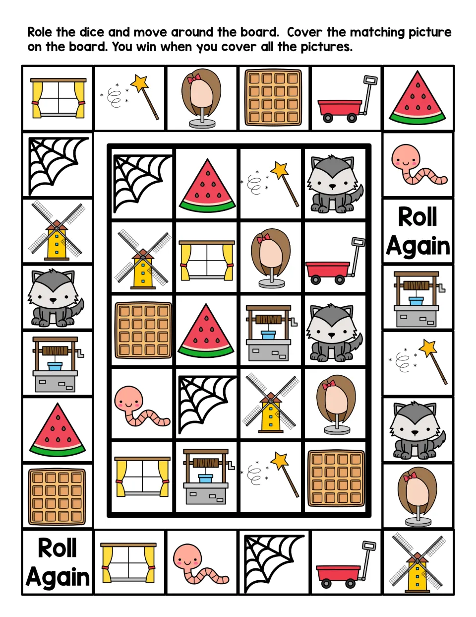 Letter W picture game in color: roll a die, move around the board and cover the matching wagon, wolf, web or worm