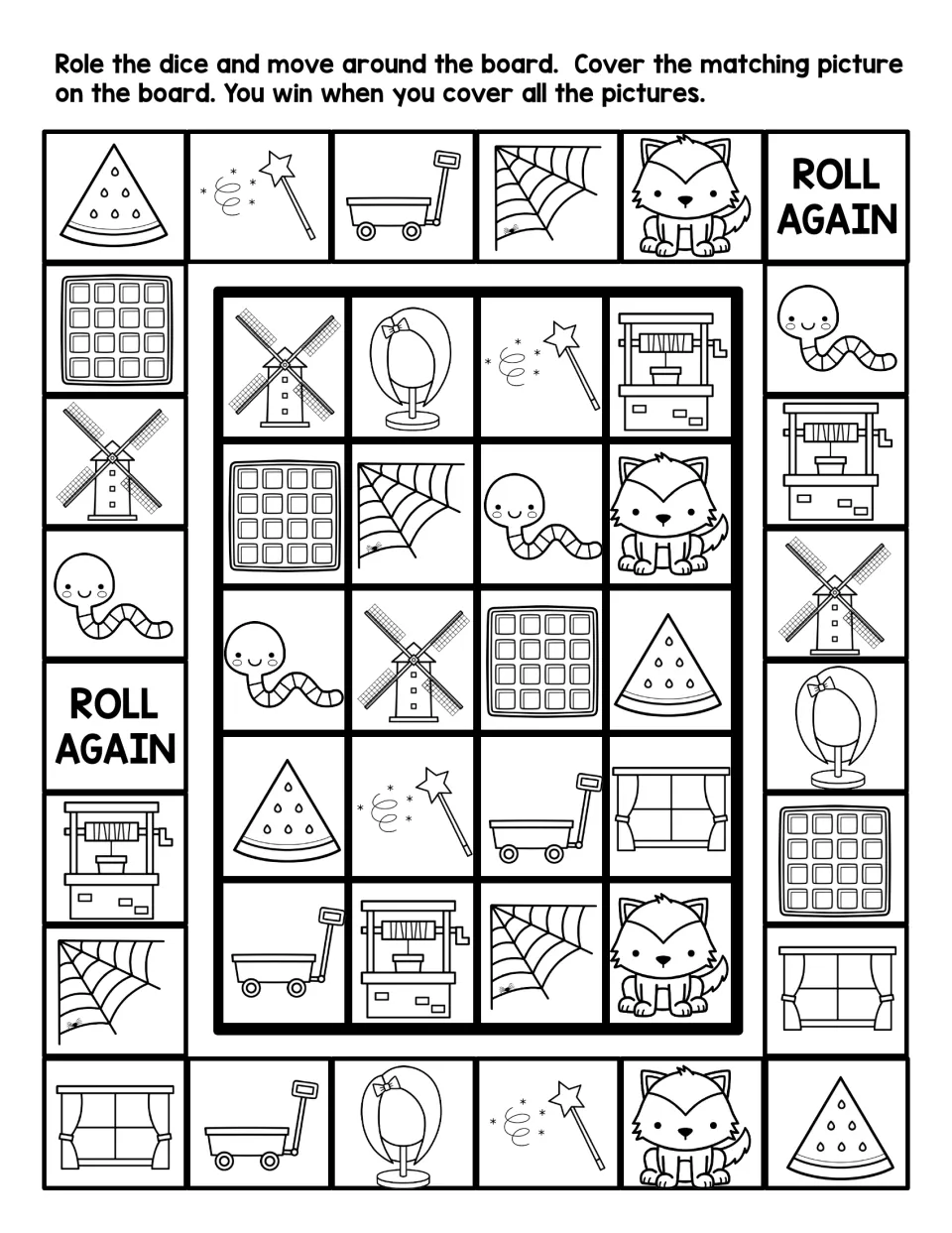 Black-and-white board game of W pictures: students roll, move and cover matching window, wand, waffle and windmill images