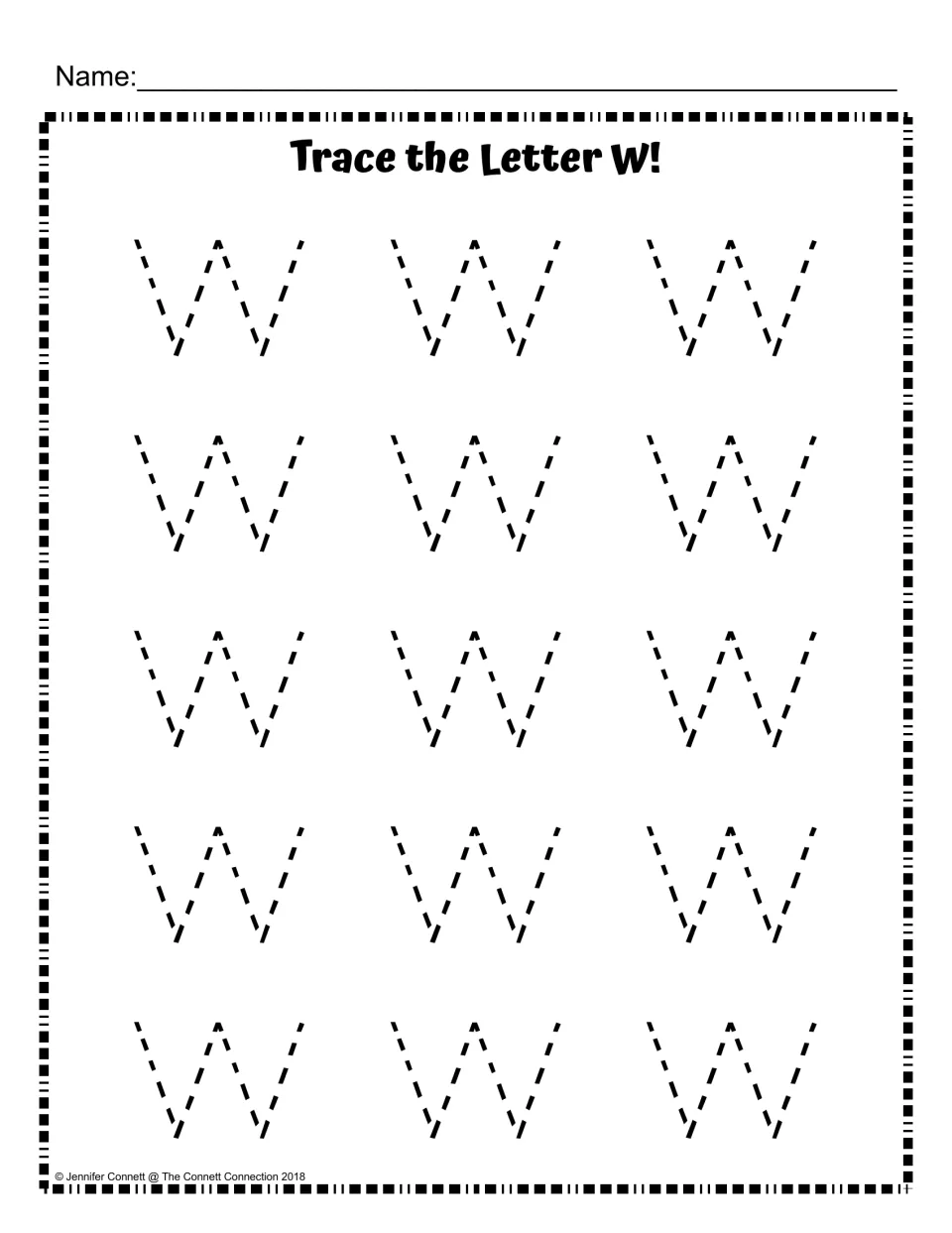 Trace the Letter W: students trace 15 large dashed capital W letters to practise uppercase W letter formation