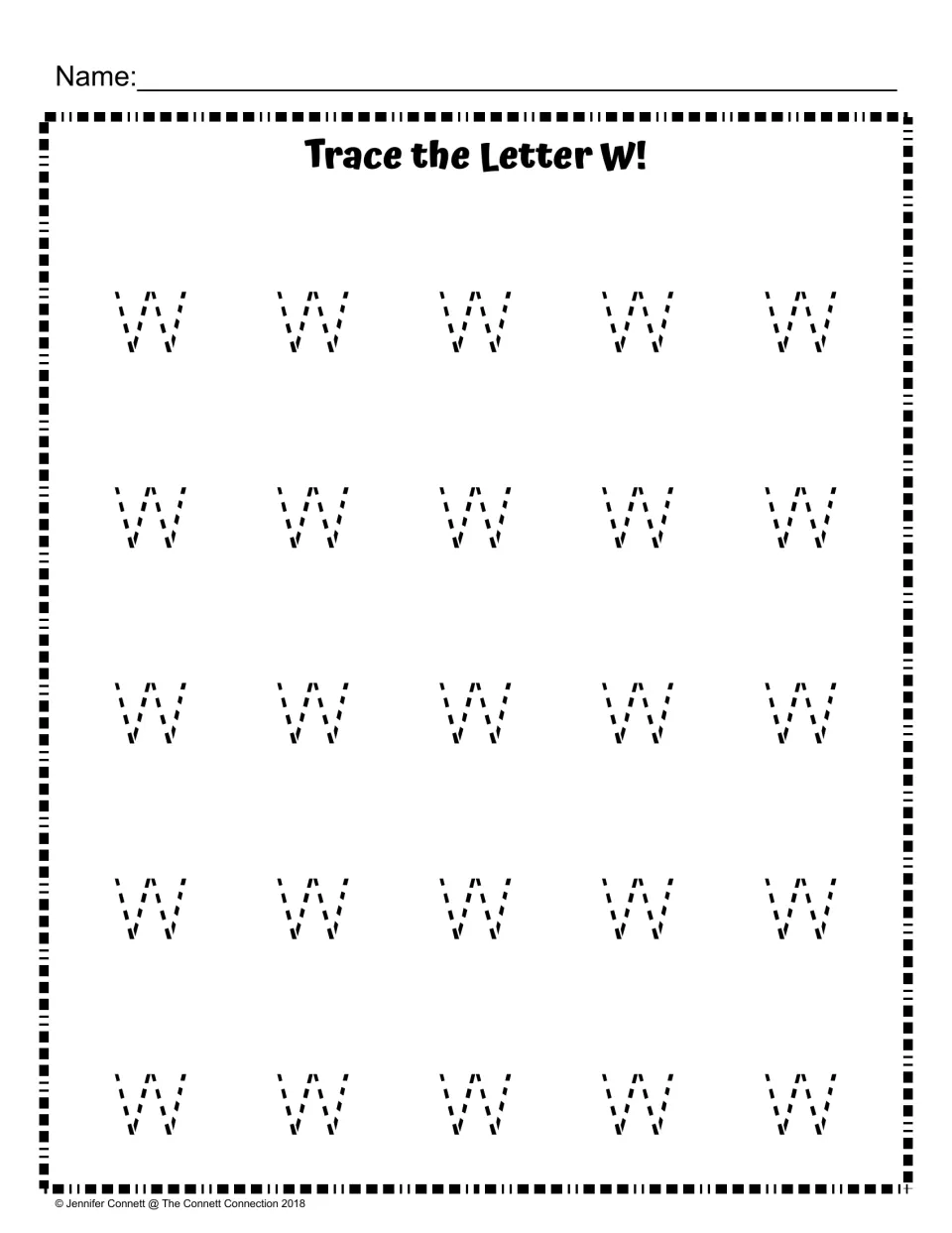 Lowercase w tracing: students trace 25 small dashed lowercase w letters to practise forming the lowercase letter