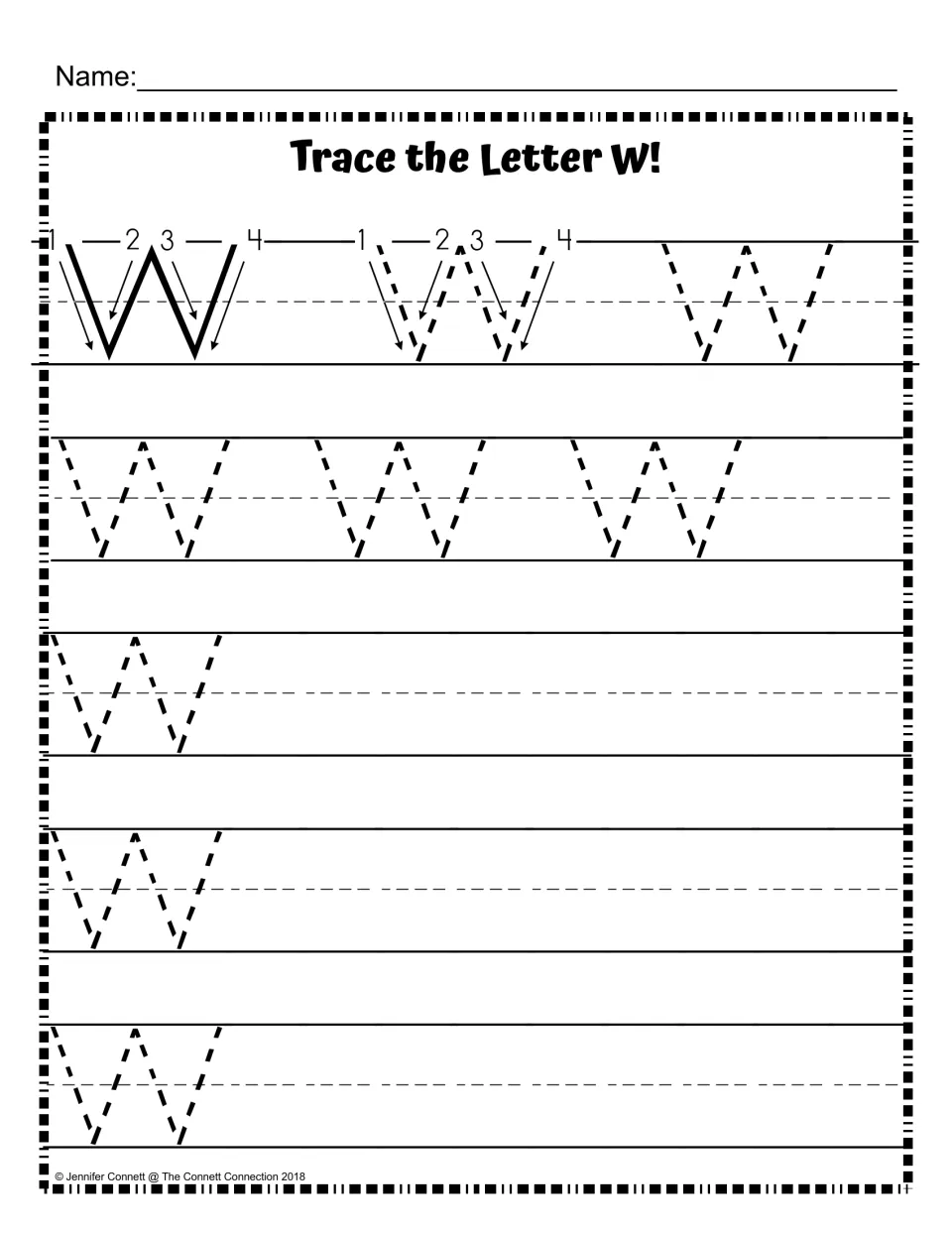 Capital W stroke order: students follow numbered arrows 1 to 4, trace dashed Ws, then write W on their own