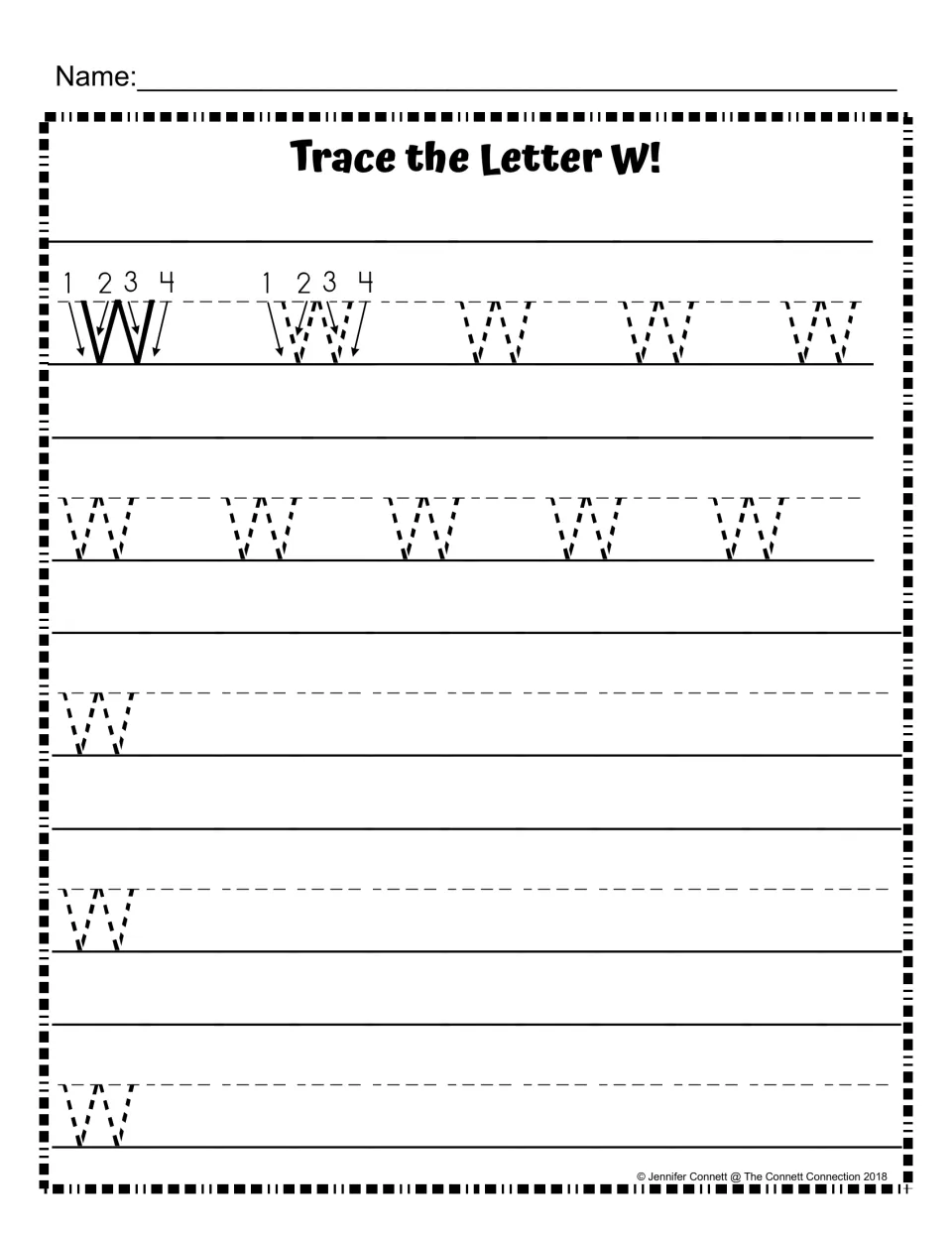 Lowercase w stroke order: numbered arrows model the four strokes, then students trace dashed w and finish each row alone
