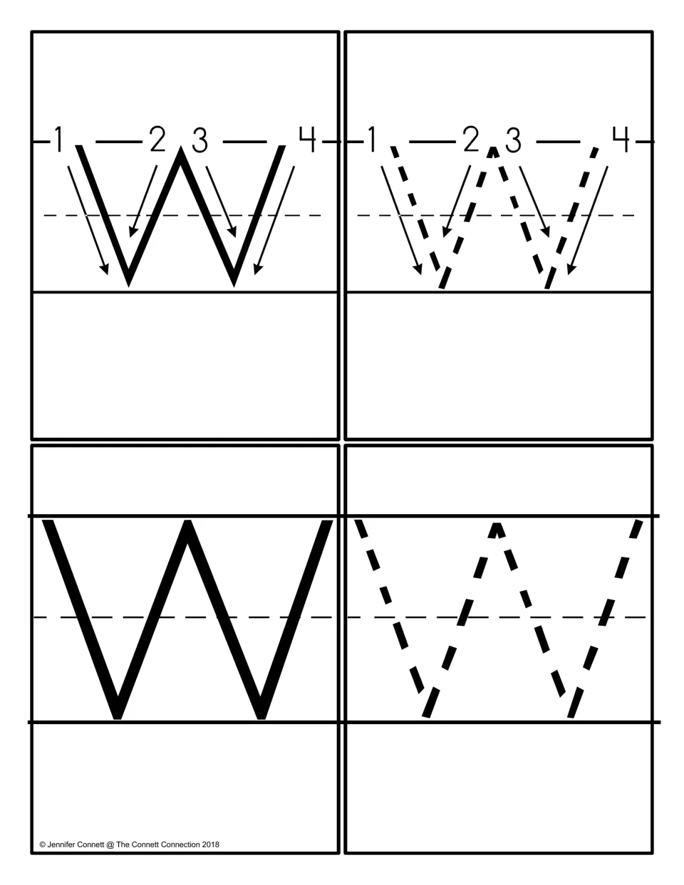 Capital W cards: a model with numbered stroke arrows, a dashed version with arrows, a solid W and a dashed W to trace