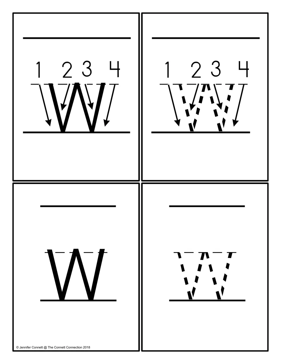 Lowercase w cards: stroke-order models numbered 1 to 4 with arrows, a solid w and a dashed w to trace on a baseline
