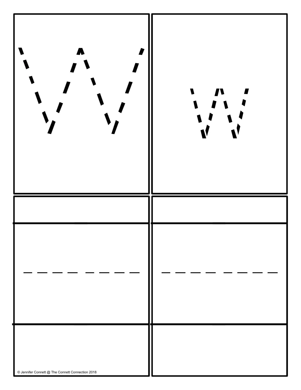 Uppercase and lowercase W tracing cards: a large dashed W, a small dashed w and two blank cards for writing the letter