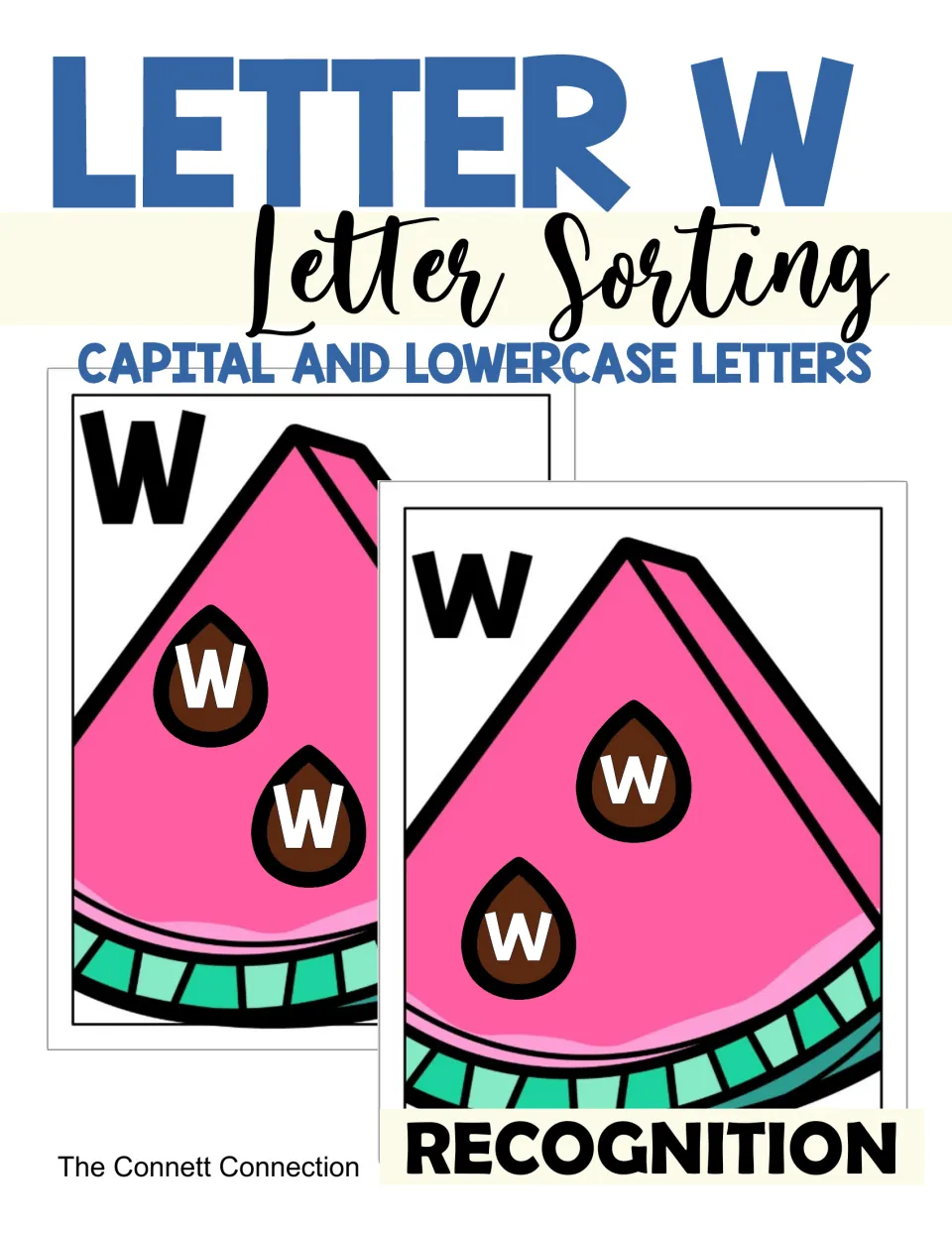 Letter W sorting cover: watermelon mats with W and w seeds for recognizing capital and lowercase letters