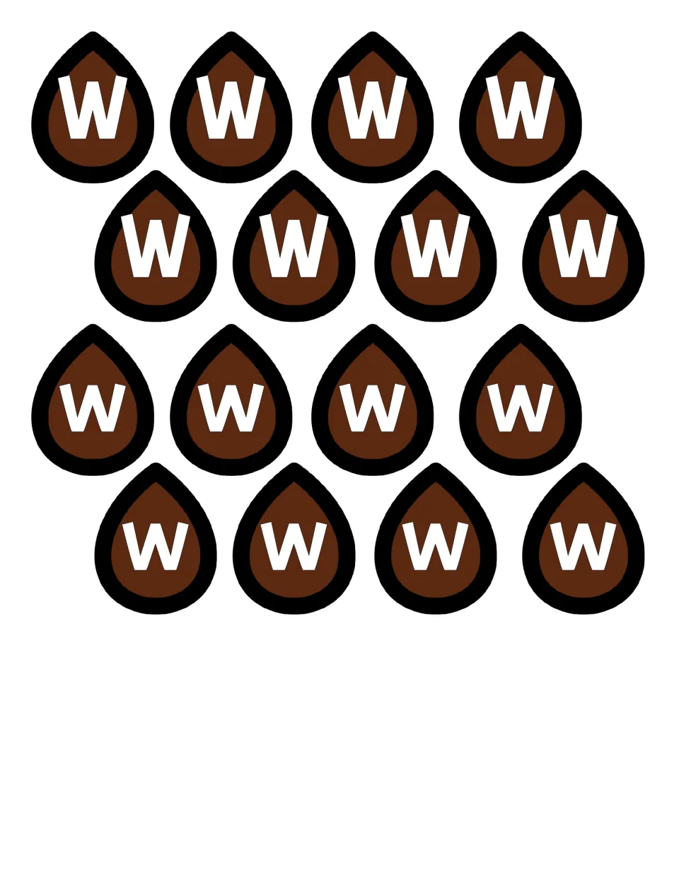 Cut-out pieces: 16 brown watermelon seeds, 8 printed with capital W and 8 with lowercase w, for sorting by letter case