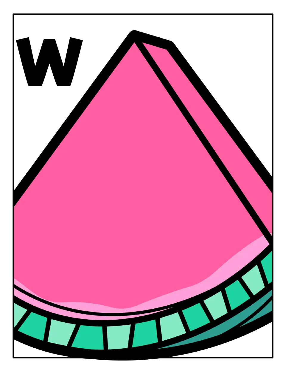 Lowercase w sorting mat: a watermelon slice where students place the seeds that show a small w, separating the cases