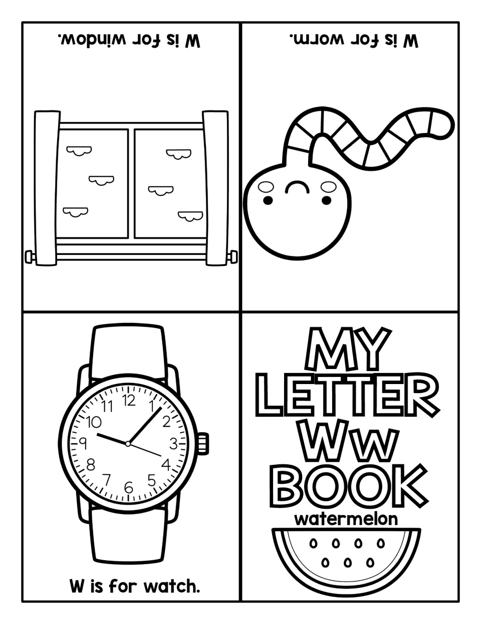 Letter W foldable mini book: My Letter Ww Book cover with watermelon, then W is for watch, worm and window to color