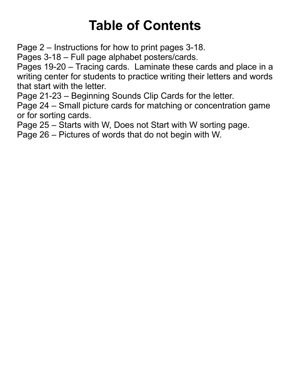 Table of contents for the letter W resource, listing poster, tracing, clip card, and sorting activity pages