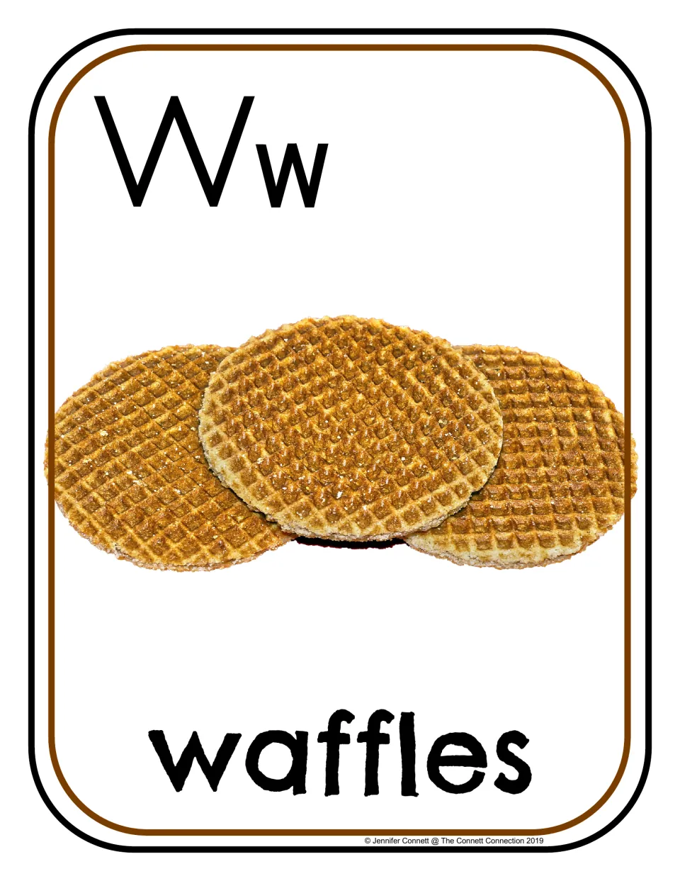 Letter W phonics poster/card 1 of 16, showing uppercase W, lowercase w, and a photograph labeled "waffles"